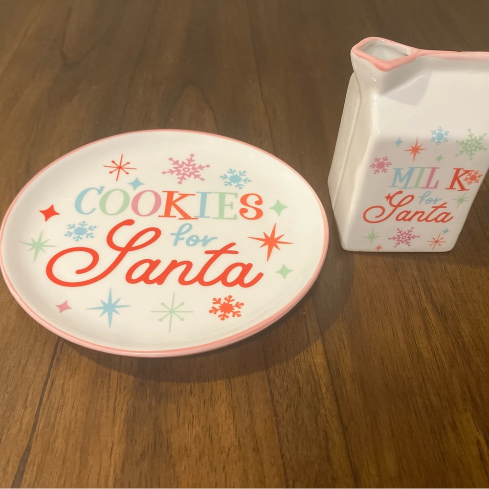 Ceramic Santa Cookie Plate and Milk Carton Set, EUC